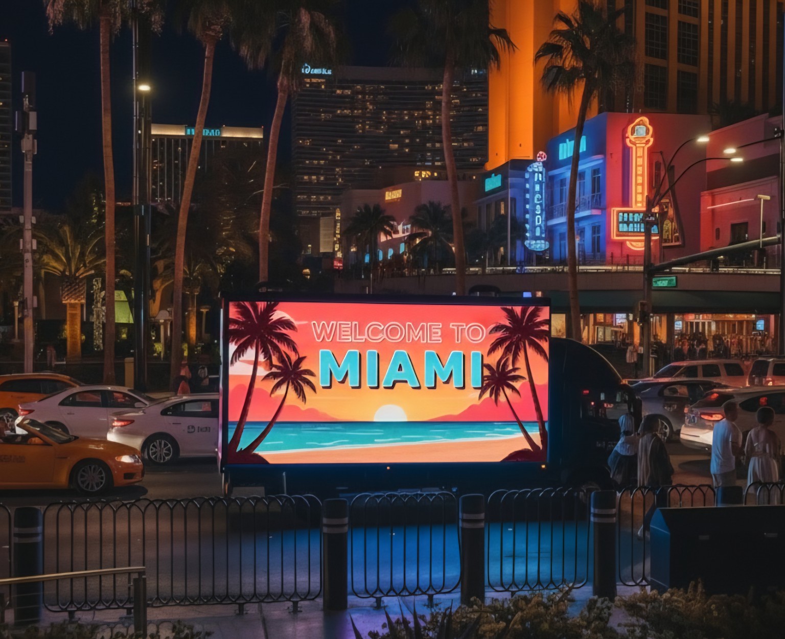 Digital mobile billboard truck displaying Welcome to Miami creative at night