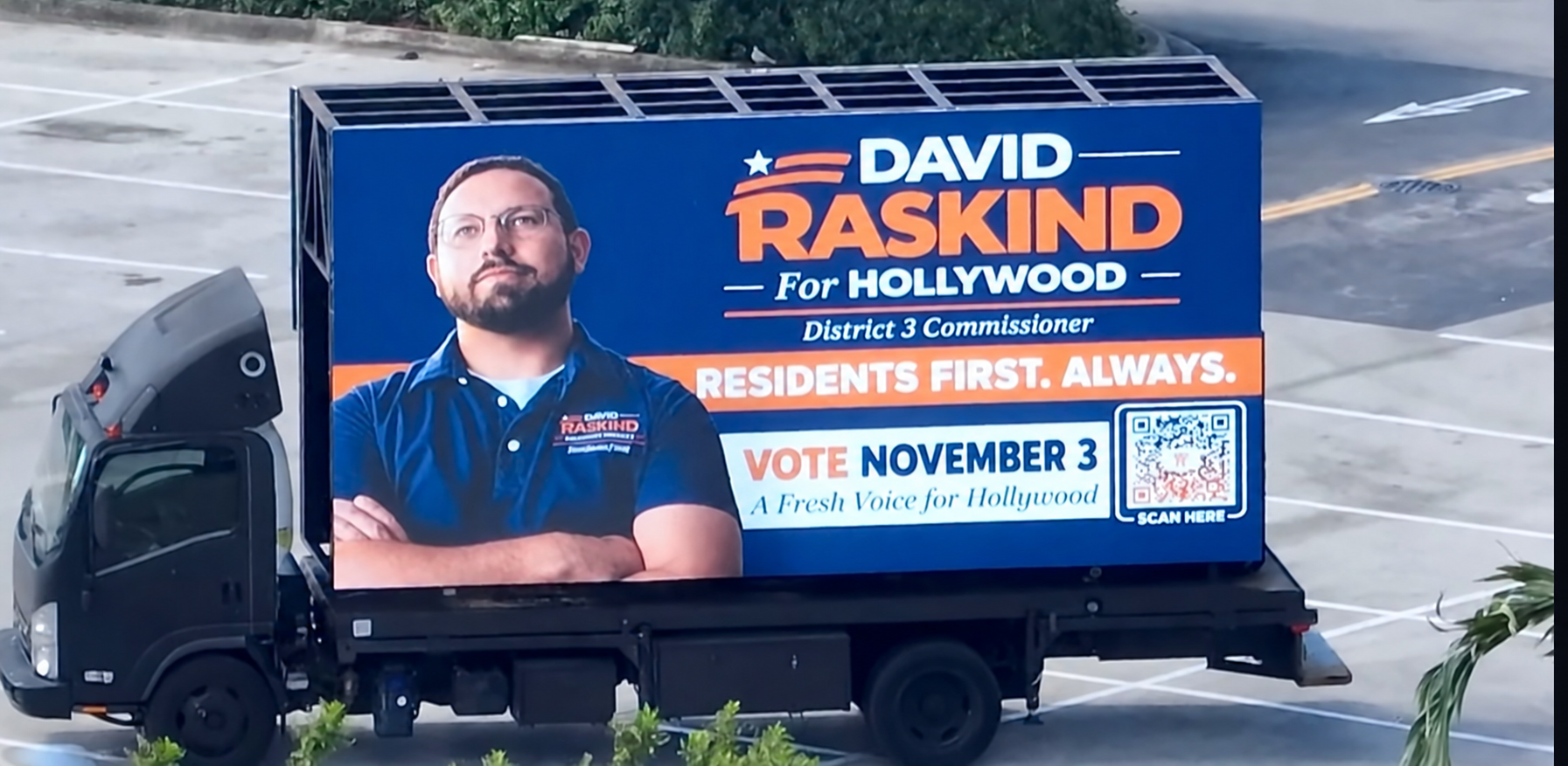 LED billboard truck displaying David Raskind for Hollywood political campaign creative