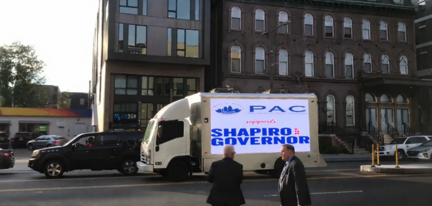 LED mobile billboard truck displaying historical Shapiro for Governor political campaign creative